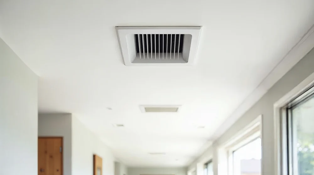 Ducted air conditioning outlet fitted flush into the ceiling of a modern home